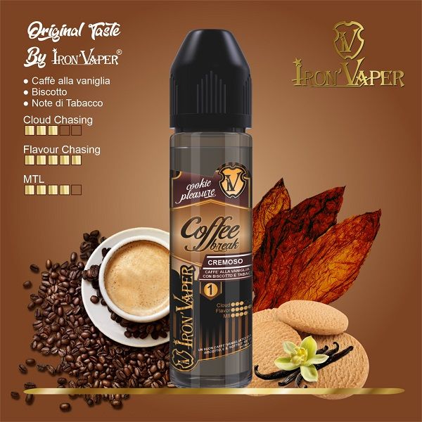 p>Coffee Break Iron Vaper aroma scomposto per sigarette elettroniche cremoso. Un caffè alla vaniglia con biscotto e note di tabacco.
